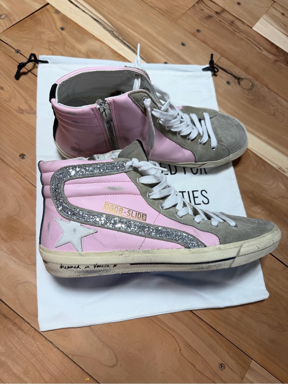 Golden Goose High-Top Sneakers in Pink and Gray with Glitter Trim